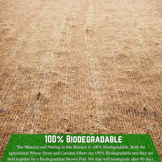 Farm Plastic Supply - 100% Biodegradable Erosion Control Blanket - Straw/Coconut Straw Garden and Landscape Cover, Straw Blanket, Erosion Control (6' x 112.5')