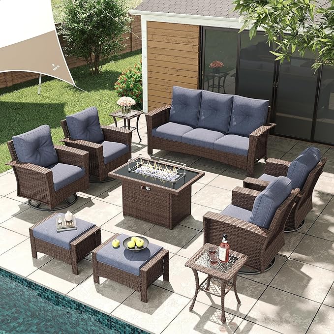 LayinSun 10 Piece Wicker Patio Furniture Set with Fire Pit Table, Classis Outdoor Conversation 360 Degree Swivel Chairs Set with Coffee Table
