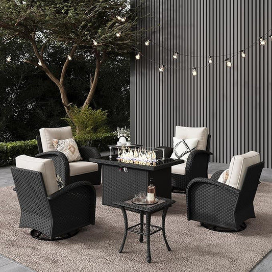LayinSun 7 Pieces Outdoor Patio Furniture Set with Fire Pit Table, Rattan Wicker Sectional Swivel Rocker Chairs Sets