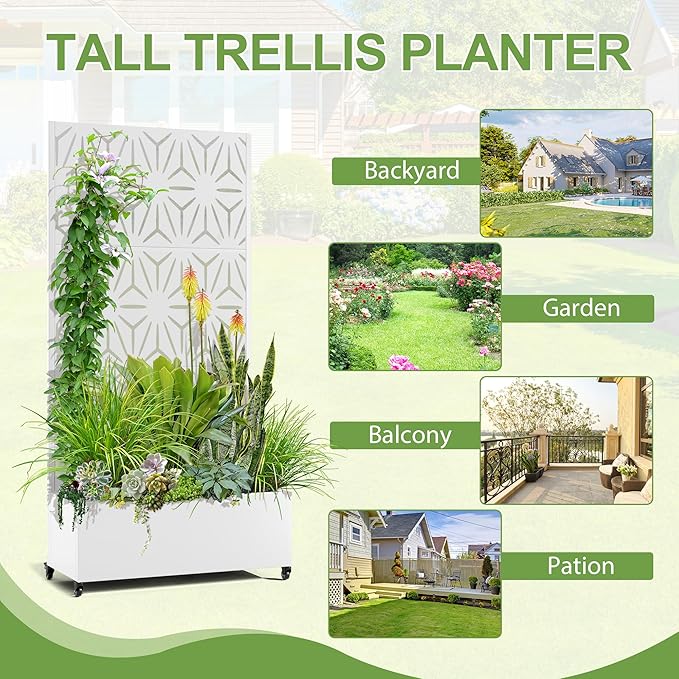 Raised Garden Bed with Trellis and Wheels,73"x35"x16" Metal Raised Garden Bed,White Star Metal Planter with Climbing Trellis for Vines & Vegetables