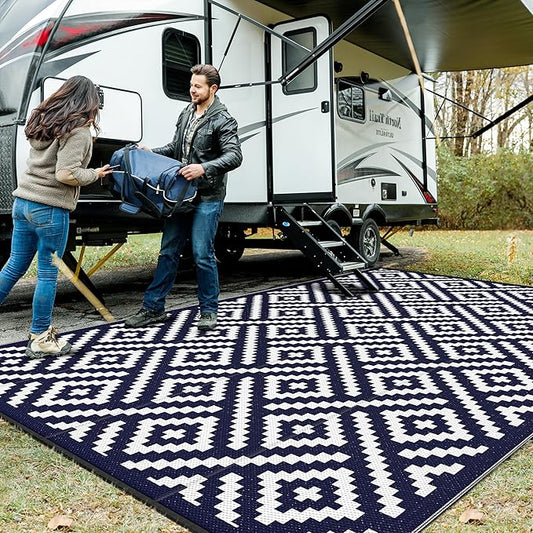 GENIMO Outdoor Rug for Patio Clearance, 10'x14' Waterproof Large Camping Mat, Reversible Plastic Straw Rugs for RV, Camper, Balcony, Backyard, Picnic, Deck (Navy Blue & White)