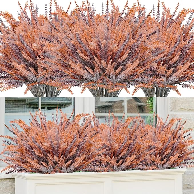 30 Bundles Artificial Fall Flowers Outdoors Fake Fall Lavender Flowers UV Resistant Plastic Faux Fall Plants for Indoor Home Porch Autumn Thanksgiving Fall Decorations (Brown)