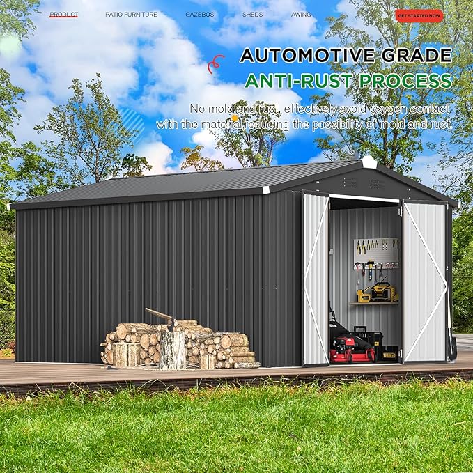 U-MAX 10x14 Outdoor Storage Shed, Large Metal Outside Garden Sheds & Outdoor Storage Clearance, Tool Shed Lockable for Backyard, Patio and Outside Use in Dark Grey