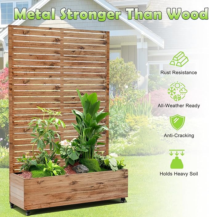 15.7"×70.9"×47.2" Metal Raised Garden Bed with Trellis and Wheels - Tall Trellis Planter Box for Climbing Plants, Vegetables & Vines - Outdoor Privacy Planters for Patio (Natural Wood Grain)