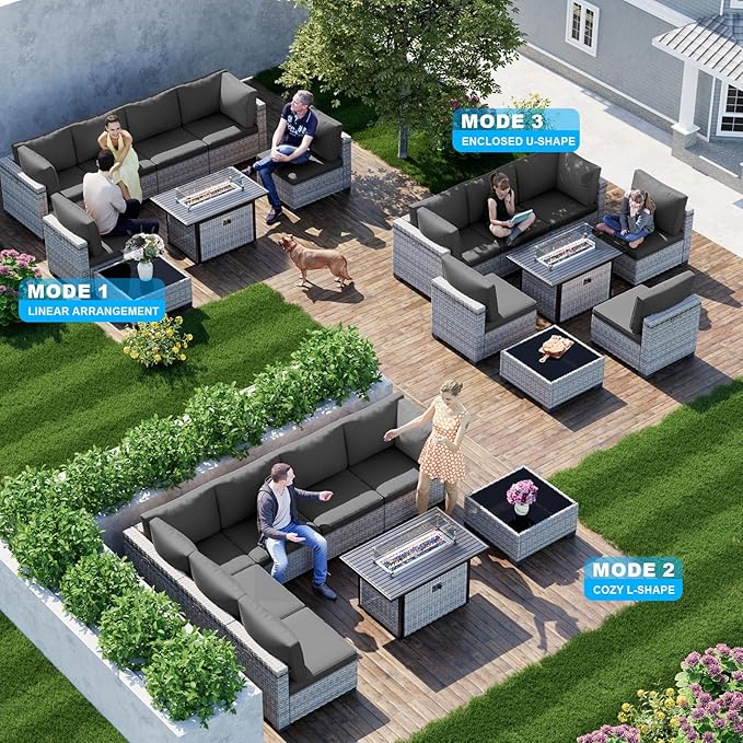 8-Piece Modern Patio Conversation Set with 55,000 BTU Fire Pit Table, Thick Cushions, Upgraded Rattan, Reinforced Frame