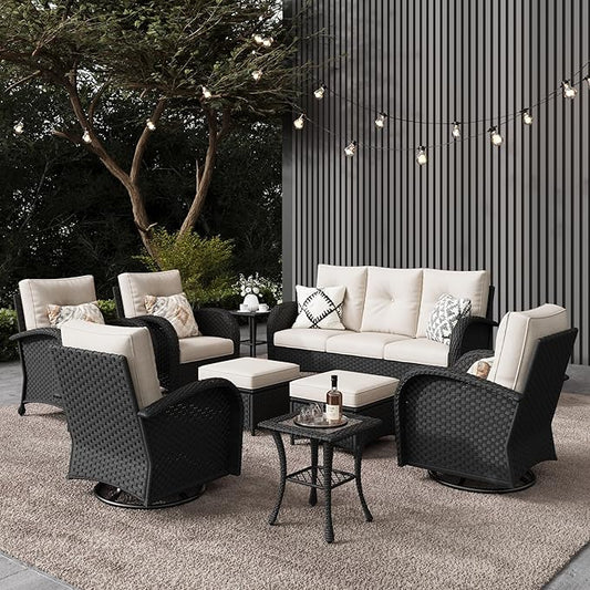 LayinSun 9 Pieces Outdoor Patio Furniture Set, Rattan Wicker Sectional Swivel Rocker Chairs Sets