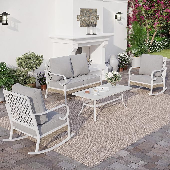 4 Piece Metal Outdoor Patio Furniture Set, Patio Conversation Sets 1 2-Seater Sofa, 2 Single Sofa with 5.75" Extra Thick Cushion and Coffee Table, White Frame Backyard Furniture, Gray