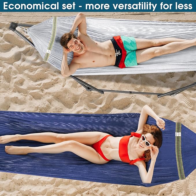 Tranquillo Combo x2 Hammocks with Stand for Outside & Tree Straps, Heavy Duty Hammock with Stand 600lbs for Indoor Outdoor Patio Backyard, x2 Hammocks for 2 Person, Portable Carrying Bags, Aegean