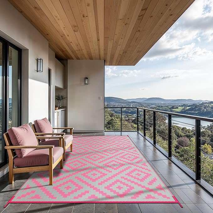 GENIMO Outdoor Rug for Patio Clearance, 6'x9' Reversible Plastic Straw Rugs, Lightweight Waterproof RV Camping Mat for Camper, Balcony, Deck, Backyard, Picnic, Pink & Grey