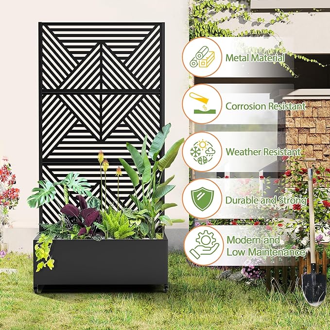 Raised Garden Bed with Trellis and Wheels,73"x35"x16" Metal Raised Garden Bed,Black Diamond Metal Planter with Climbing Trellis for Vines & Vegetables