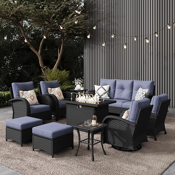 LayinSun 10 Pieces Outdoor Patio Furniture Set with Fire Pit Table, Rattan Wicker Sectional Swivel Rocker Chairs Sets