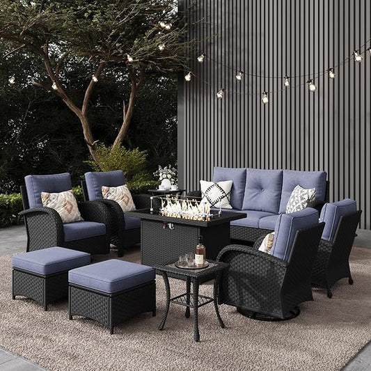 LayinSun 10 Pieces Outdoor Patio Furniture Set with Fire Pit Table, Rattan Wicker Sectional Swivel Rocker Chairs Sets