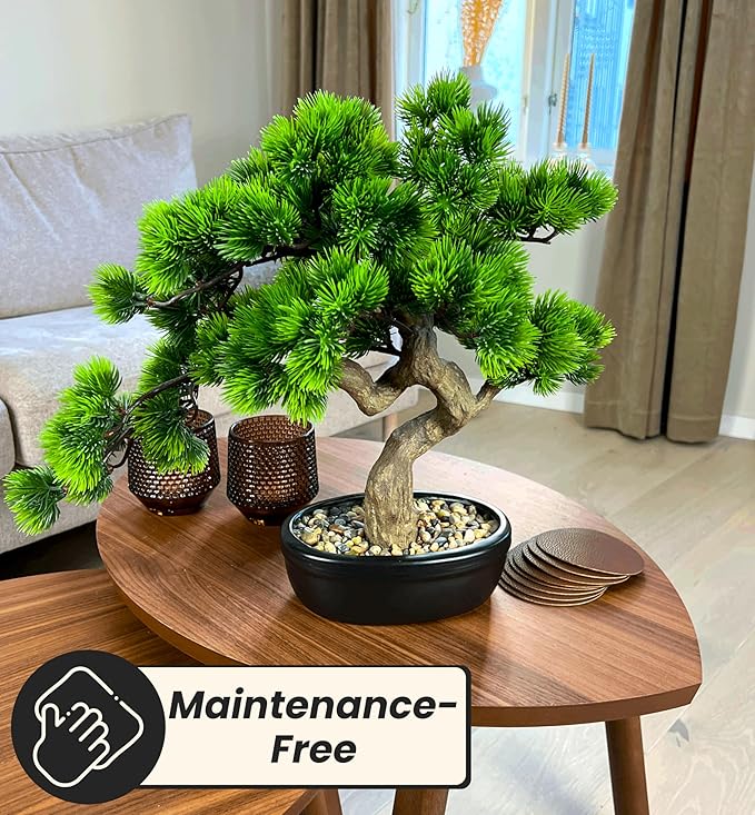 Artificial Bonsai Tree 16" Tall with Realistic Wood and Ceramic Pot Fake Plants Juniper Pine Zen Faux Plants for Home Bedroom Japanese Decor