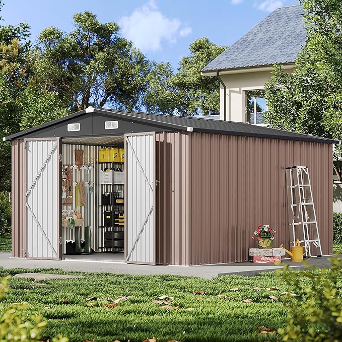 12x10FT Outdoor Storage Shed, Metal Garden Shed with Lockable Double Doors & Sloping Roof, Weather-Resistant Tool Shed for Backyard, Patio, Poolside Brown