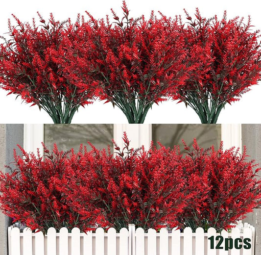 RECUTMS 12 Bundles Artificial Flowers Outdoor Fake Flowers for Decoration UV Resistant No Fade Faux Plastic Plants Garden Porch Window Box Décor, Flores Artificiales para Decoracion(Red)