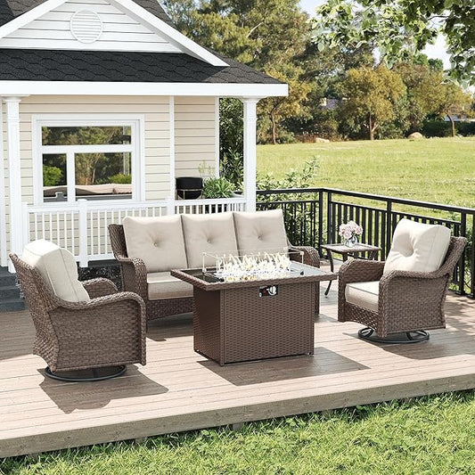 LayinSun 5 Piece Wicker Outdoor Furniture Set with 6-inch Comfy Cushions, High Back Patio Furniture Set with Swivel Rocking Chairs and Fire Pit Table