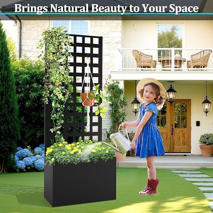 Metal Planter Box with Trellis, Planter Box with Privacy Screen, Privacy Trellis Outdoor for Climbing Plants with Drainage Holes, Raised Garden Bed for Vegetables
