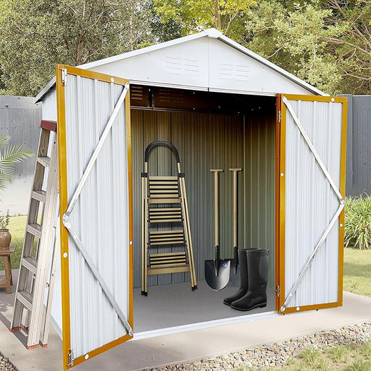 6ft x 4ft Outdoor Storage Shed Apex Roof Tool Shed Outdoor Storage Metal Garden Sheds Tool Cabinet with Galvanized Steel Construction for Backyard, Patio, Poolside, White + Yellow