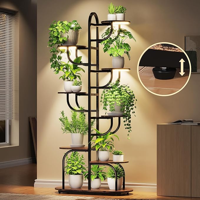 Arch Plant Stand Indoor | Large 8-Tiered Tall Plant Stand with Full Spectrum Grow Light | Corner Black Freestanding Display Shelf for Collectibles | Suitable for Living Room, Study, Entrance, Balcony