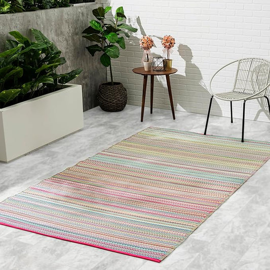 Fab Habitat Outdoor Rug - Waterproof, Fade Resistant, Crease-Free - Premium Recycled Plastic - Striped - Porch, Deck, Balcony, Mudroom, Laundry Room, Patio - Cancun - Candy - 8 x 8 ft Square