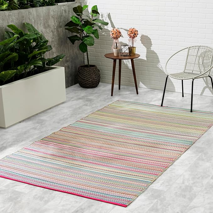 Fab Habitat Outdoor Rug - Waterproof, Fade Resistant, Crease-Free - Premium Recycled Plastic - Striped - Porch, Deck, Balcony, Mudroom, Laundry Room, Patio - Cancun - Candy - 2.5 x 8 ft Runner