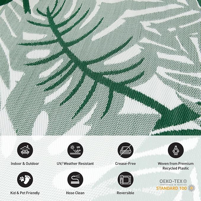 Rugshop Tropical Leaf Reversible Crease-Free Waterproof Premium Recycled Plastic Outdoor Rugs for Patio,Backyard,RV,Deck,Picnic,Trailer,Beach,Camping,Sunroom Green 5' x 7'