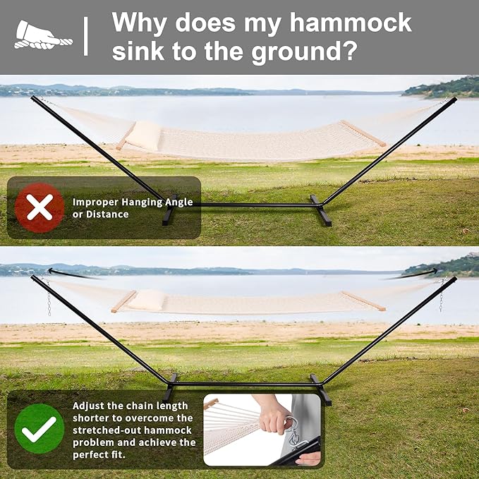 SUNCREAT Double Outdoor Hammock with Stand Included, Portable Cotton Rope 2 Person Hammock for Outdoor, Patio, Garden, Backyard, Beige