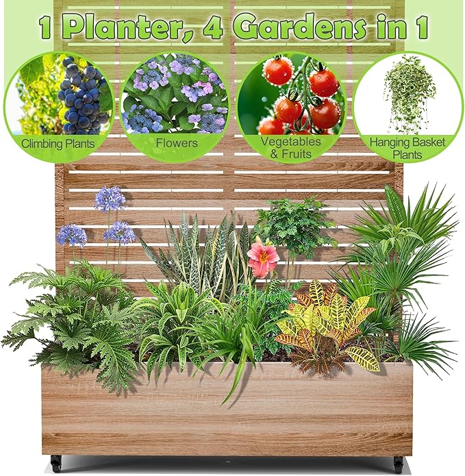 15.7"×70.9"×47.2" Metal Raised Garden Bed with Trellis and Wheels - Tall Trellis Planter Box for Climbing Plants, Vegetables & Vines - Outdoor Privacy Planters for Patio (Cut Oak Grain)