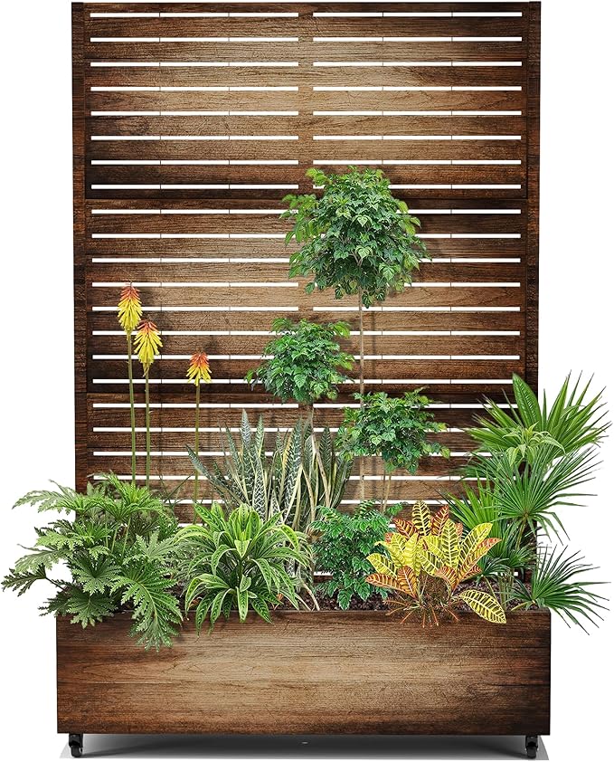 15.7"×70.9"×47.2" Metal Raised Garden Bed with Trellis and Wheels - Tall Trellis Planter Box for Climbing Plants, Vegetables & Vines - Outdoor Privacy Planters for Patio (Vintage Wood Grain)