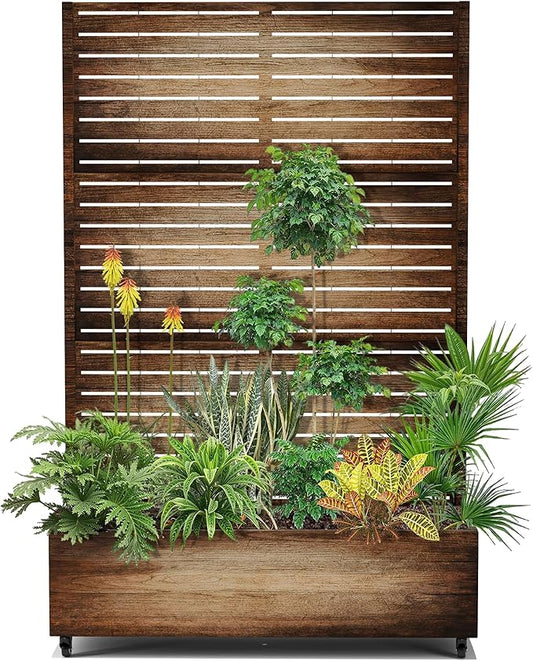 15.7"×70.9"×47.2" Metal Raised Garden Bed with Trellis and Wheels - Tall Trellis Planter Box for Climbing Plants, Vegetables & Vines - Outdoor Privacy Planters for Patio (Vintage Wood Grain)