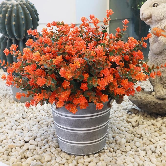 Artificial Flowers for Outdoors, 12 Bundles UV Resistant Realistic Faux Plants for Outside Porch Planter, Spring Summer Home Garden Decoration, Green Orange