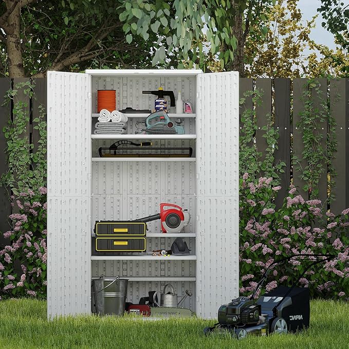 Outdoor Storage Cabinet with 4 Shelves,31.5" x 23.23" x 66.22" White Waterproof Shed,Waterproof Resin Vertical Tool Shed, Lockable 30 cu.ft. Storage Shed for Patio, Garden, Yard, White