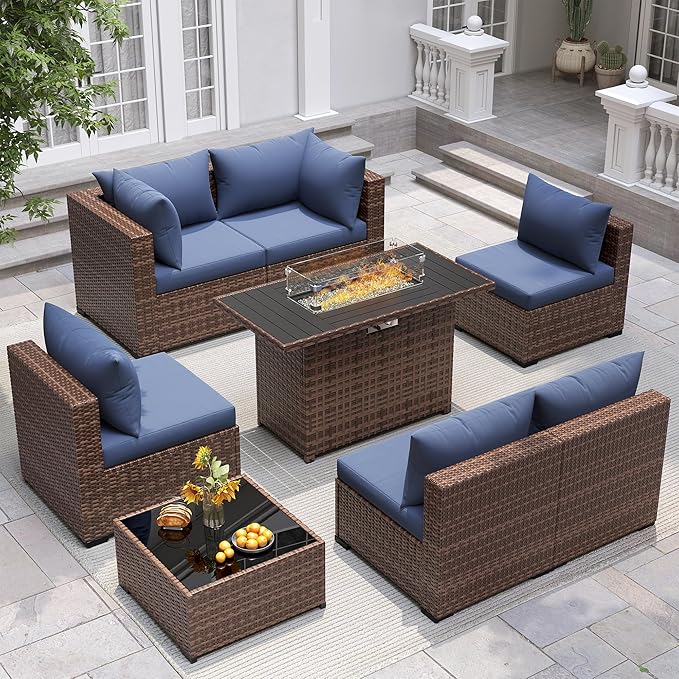 UDPATIO Outdoor Patio Furniture Set with Fire Pit Table, 8 Piece Outdoor Sectional Sofas, All-Weather Wicker Patio Conversation Set for Garden, Backyard Navy Blue