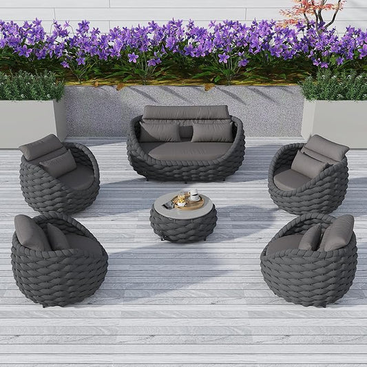 6 Pieces Patio Furniture Set Outdoor Rope Conversation Sectional Patio Sofa with 6 Seater for Backyard, Porch, Modern Armchairs with Thickness Cushions and Side Table, Dark Grey