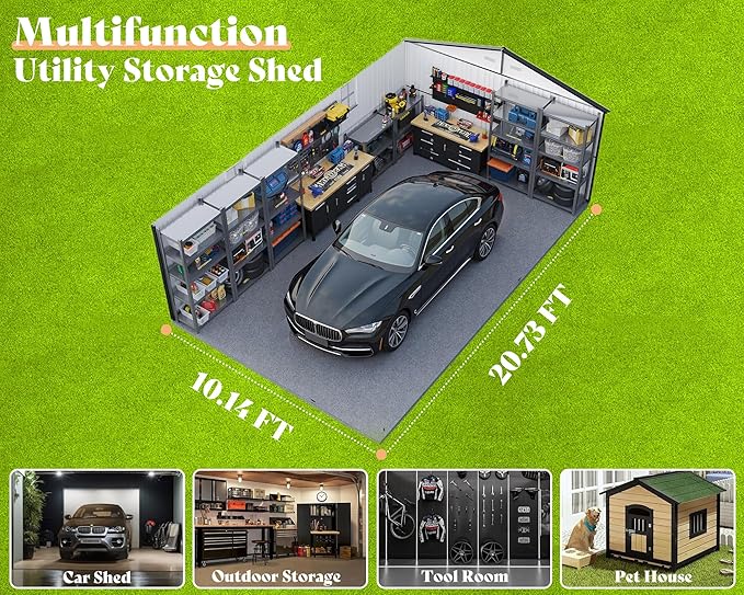 AMERLIFE 10x21x7.3 FT Outdoor Metal Garage Shed, Extra Large Storage Shed with Double Hinged Doors & 4 Windows, Carport for Car, Midsize SUV and Equipment Storage, Dark Gray