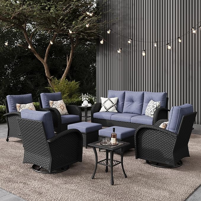 LayinSun 9 Pieces Outdoor Patio Furniture Set, Rattan Wicker Sectional Swivel Rocker Chairs Sets