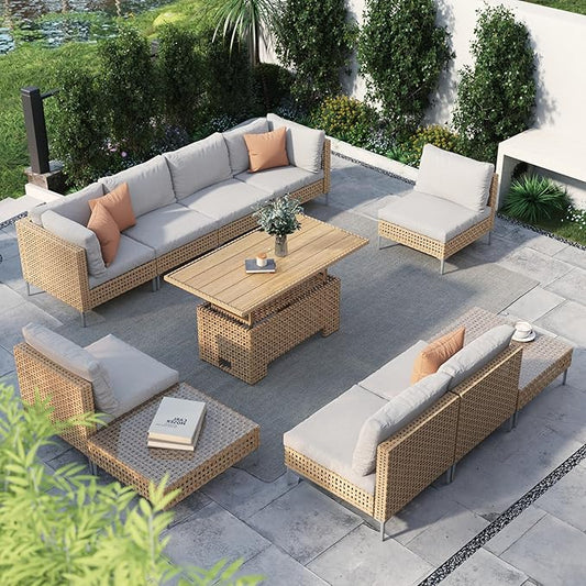 Grand patio 11-Piece Wicker Patio Furniture Set with Lift Top Coffee Storage Table, Outdoor Conversation Set Sectional Sofa with Water Resistant Thick Cushions, Cream