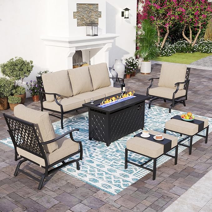Patio Furniture Set with Firepit Table, Metal Outdoor Patio Furniture, 2 Rocking Chairs, 3 Seater Sofa, 2 Ottomans with 5.75" Extra Thick Cushion and Gas Firepit Table for Backyard