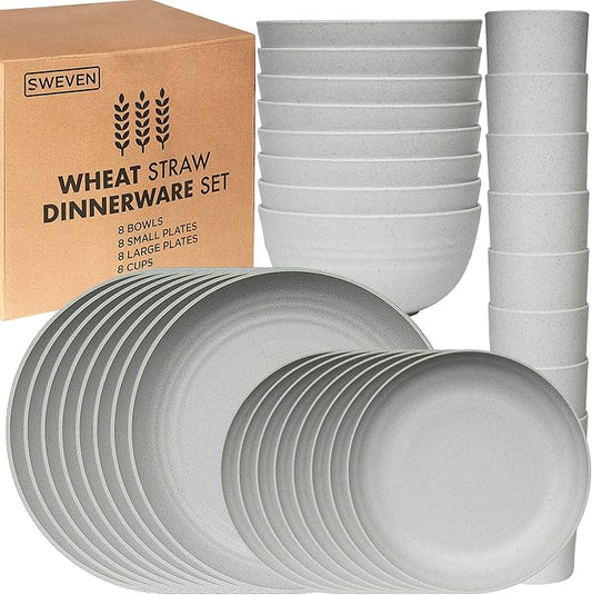 Wheat Straw Dinnerware Sets | Unbreakable Dinnerware Sets | Dishwasher Microwave Safe Dinnerware | Eco Friendly Non Breakable Dinnerware Sets | RV Outdoor Camping (Grey, Service for 8 (32 pcs))