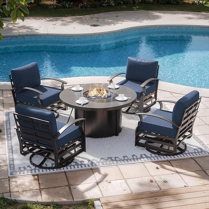 Kurapika 5 Piece Modern Metal Outdoor Conversation Sets, Patio Furniture Set, 4 Aluminum Swivel Chairs w/48in Round Propane Fire Pit Table and Thickened Cushions, Navy Blue