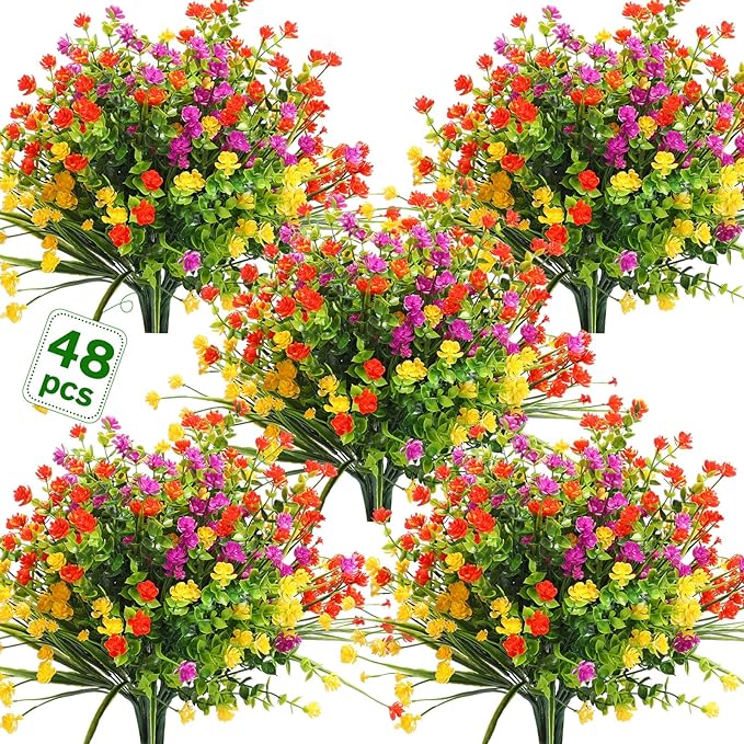 WILLBOND 48 Bundles Artificial Flowers Outdoor,UV Resistant Faux Plastic Plants Greenery Shrubs Flower Bulk for Hanging Planter Porch Window Home Wedding Spring Summer Decor (Bright Color)
