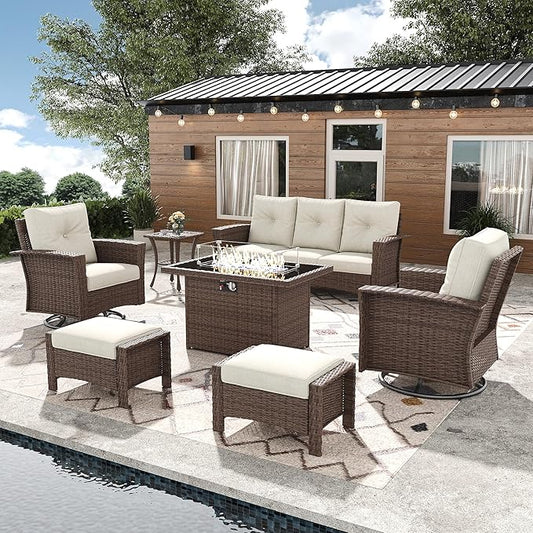 7 Pieces Outdoor Patio Furniture Set with Fire Pit Table, Wicker Patio Sectional Set Conversation Wicker Swivel Chairs with Small Side Table