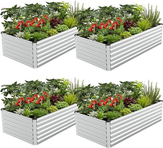 FOOWIN 4pcs 8x4x2ft Galvanized Raised Garden Bed, Planter Raised Garden Boxes Outdoor, Large Metal Raised Beds for Gardening, Garden Bed for Vegetables, Flowers, Herb,478 Gallon Capacity, Silver