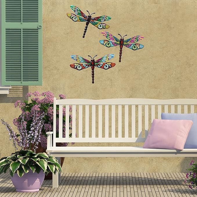 Scwhousi Metal Dragonfly Wall Decor，Outdoor Patio Fenxce Wall Art,Hanging Decorations for Living Room, Bedroom, 3 Pack