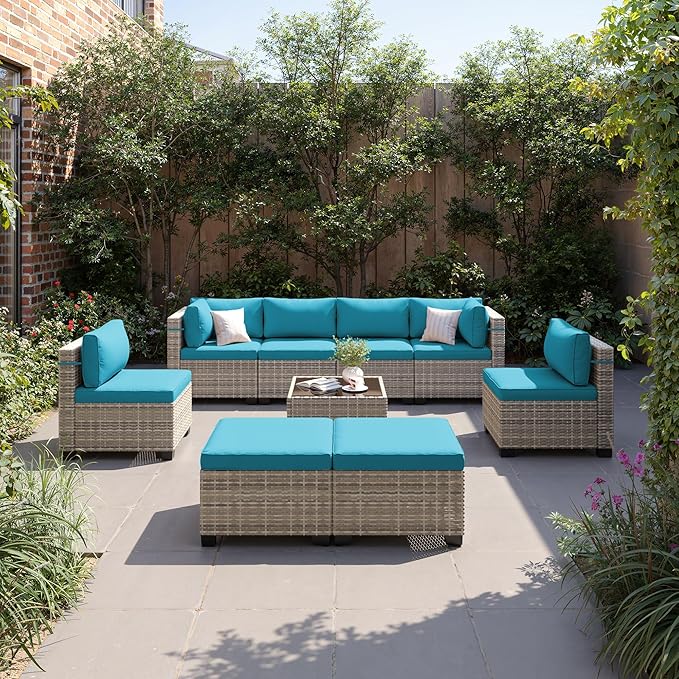 9-Piece Patio Furniture Set, Outdoor with Ottomans, Modular Patio Sofa, Dual-Strand Wicker Rattan, Rust-Resistant Frame, Backyard Furniture for Garden, Deck, Lake Blue