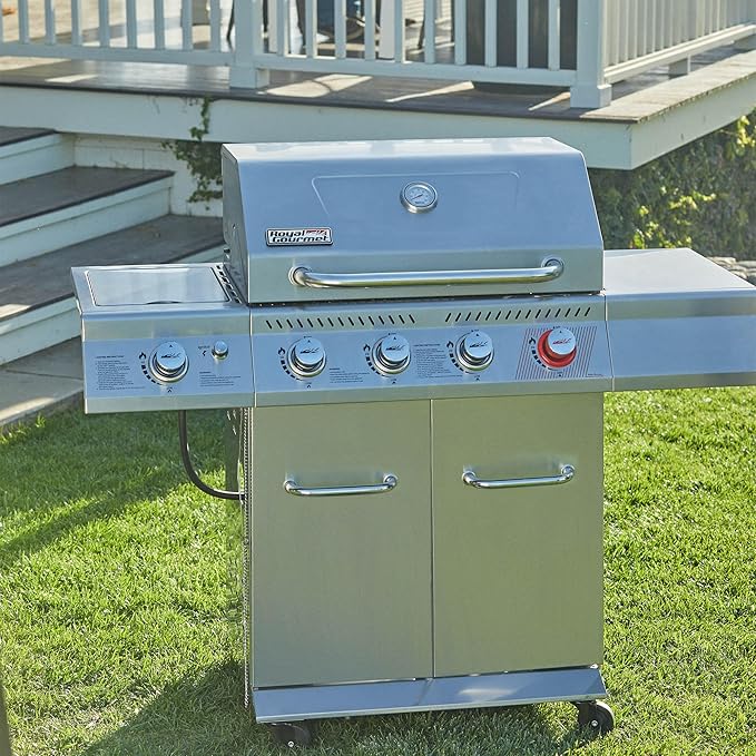 Royal Gourmet GA4402S 4 Burner Propane Gas Grill with Side Burner & Warming Rack, Stainless Steel Gas Grill with 54,000 BTUs Output for Barbecue Grilling & Backyard Cooking, Silver