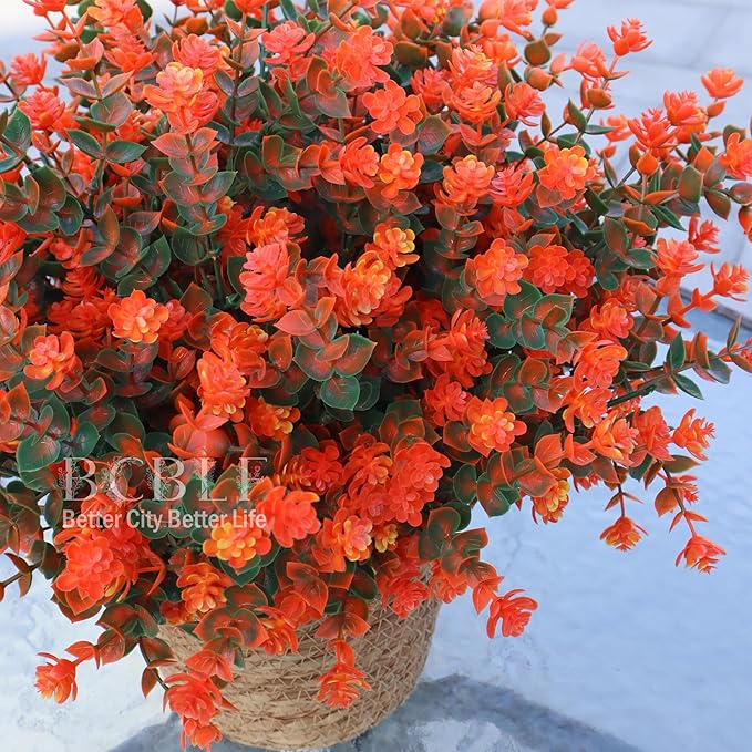 Artificial Flowers for Outdoors, 12 Bundles UV Resistant Realistic Faux Plants for Outside Porch Planter, Spring Summer Home Garden Decoration, Green Orange