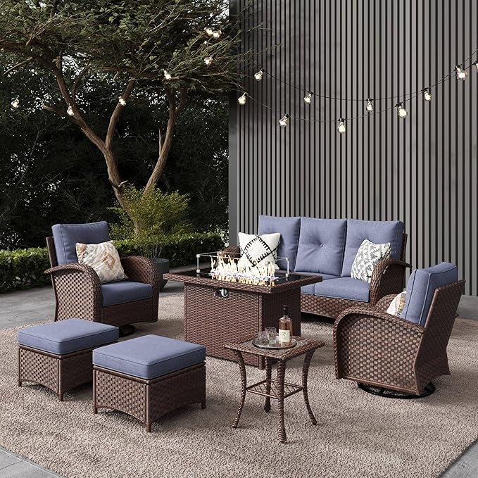 LayinSun 7 Pieces Outdoor Patio Furniture Set with Fire Pit Table, Rattan Wicker Sectional Swivel Rocker Chairs Sets