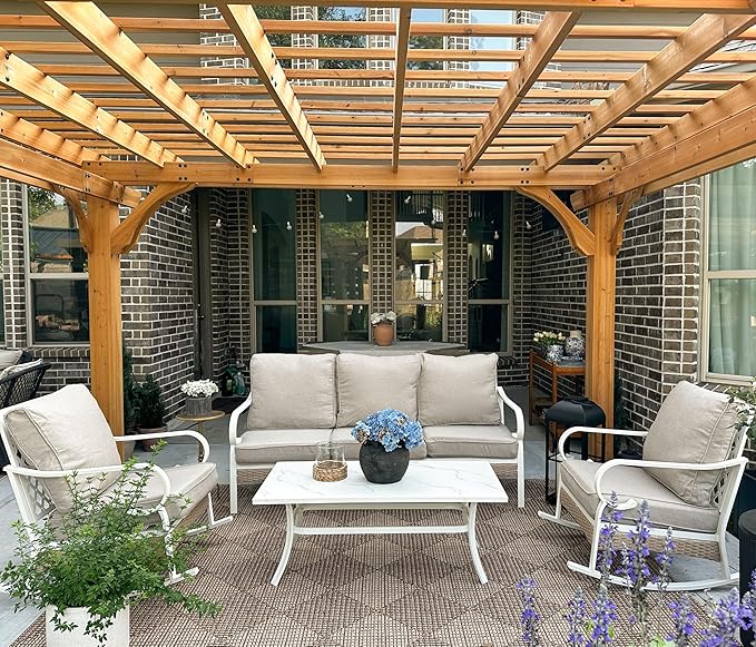 4 Piece Patio Furniture Set, 2 x Rocking Chair, 1 x 3-Seat Sofa with Marbling Coffee Table, All Cushioned 5 Seats Outdoor Conversation Set for Lawn Deck Backyard, Beige