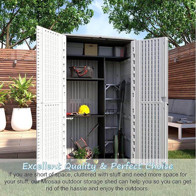 Vertical Resin Storage Shed, 52 Cubic Feet Outdoor Storage Cabinet Waterproof for Garden/Backyard/Home/Pool, Customized Shelves & Lockable(Off White)